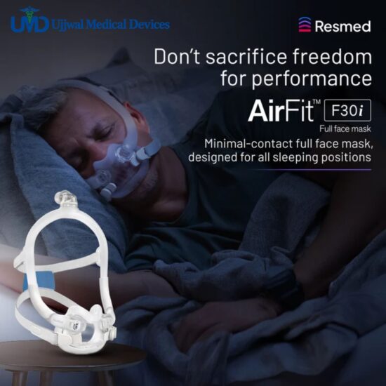 ResMed AirFit F30i Full Face CPAP Mask product specifications by Ujjwal Medical Devices ResMed AirFit F30i CPAP mask lifestyle image for sleep therapy by Ujjwal Medical Devices